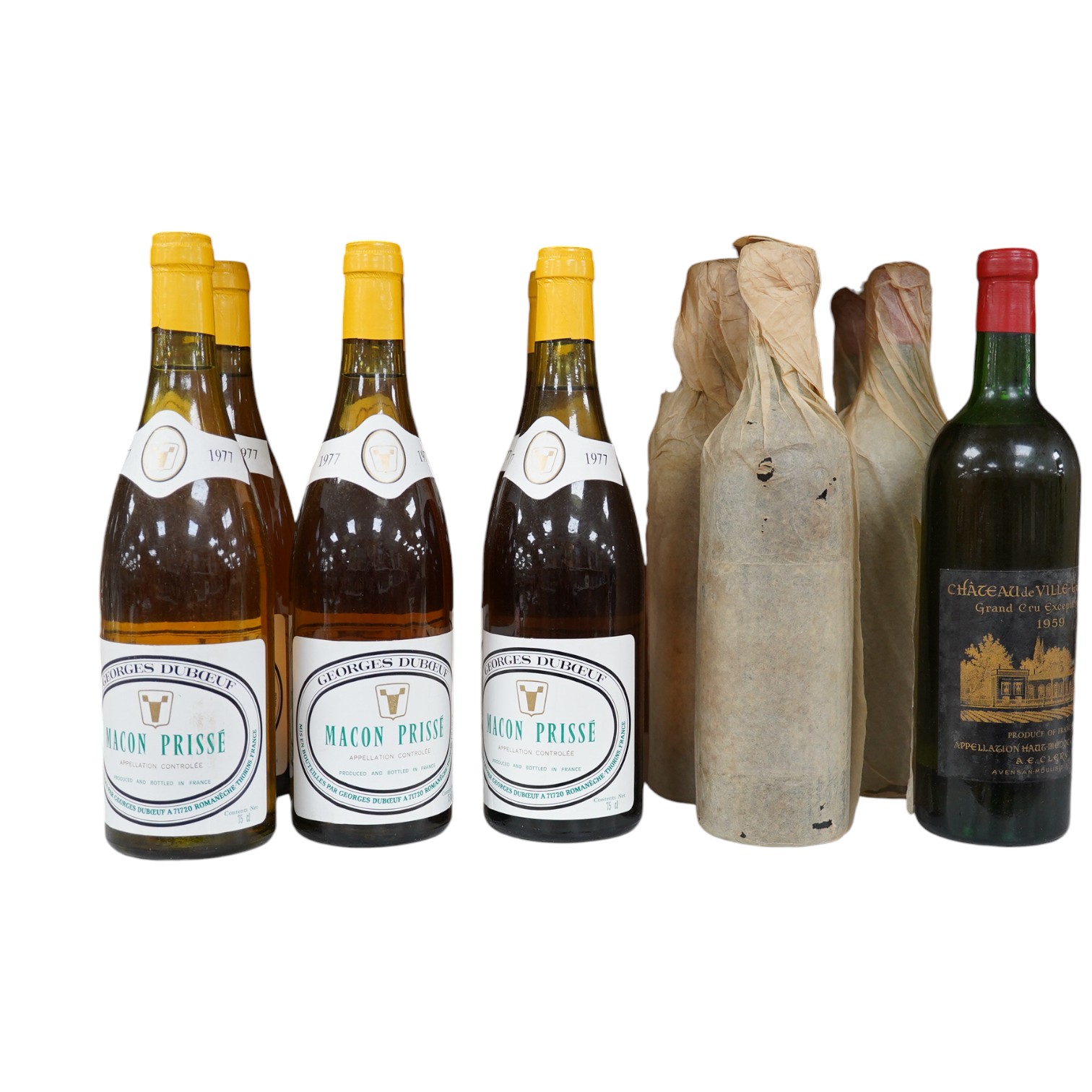 Twelve bottles of wine; six bottles of 1959 Chateau de Ville-George Grand Cru Exceptionnel and six bottles of Georges Duboeuf Macon Prisse 1977. Condition - fair to good